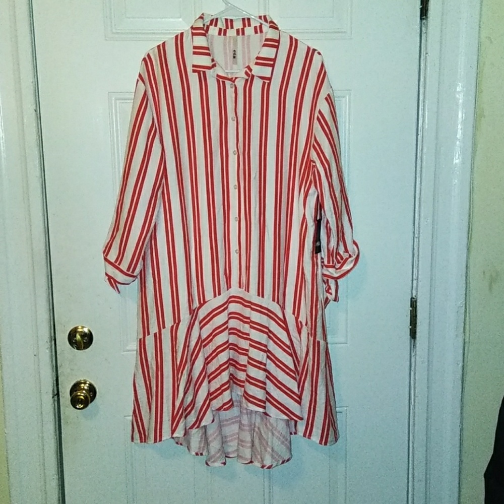 Red and white striped high low shirt dress